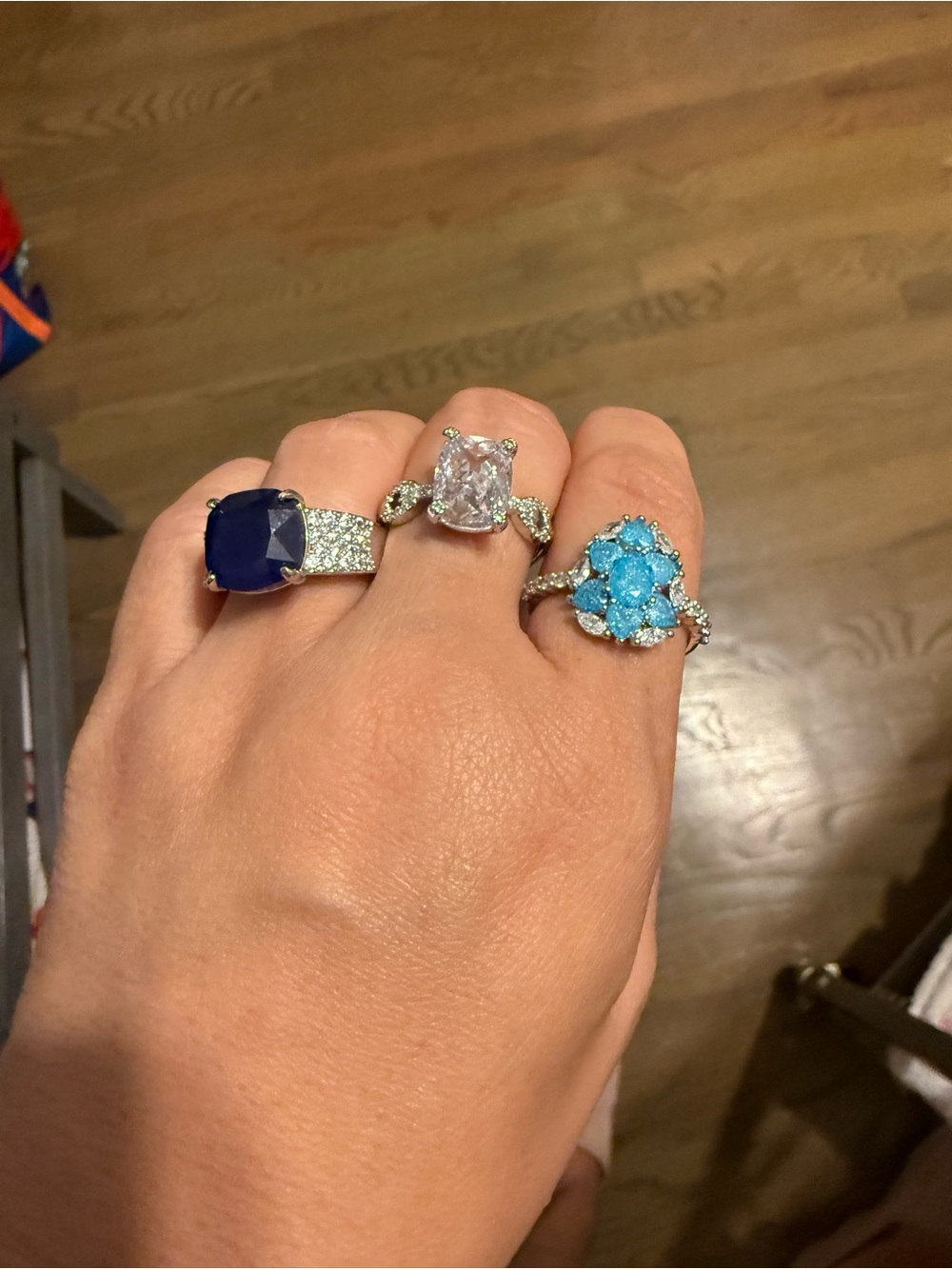 Three-Piece Women's Ring Set in Navy, Clear and Turquoise Stones size 9